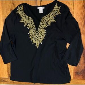 Rebecca Malone 100% Cotton Black Top w/ Metallic Gold Embroidery & Beads , Sz XL